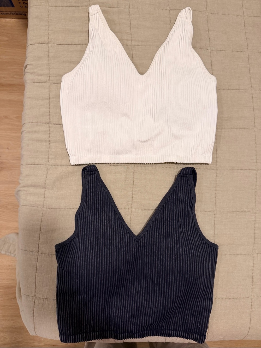 2 Pc 90 Degree By Reflex V-Neck Cropped Tank Tops — White and Black Bra Built In
